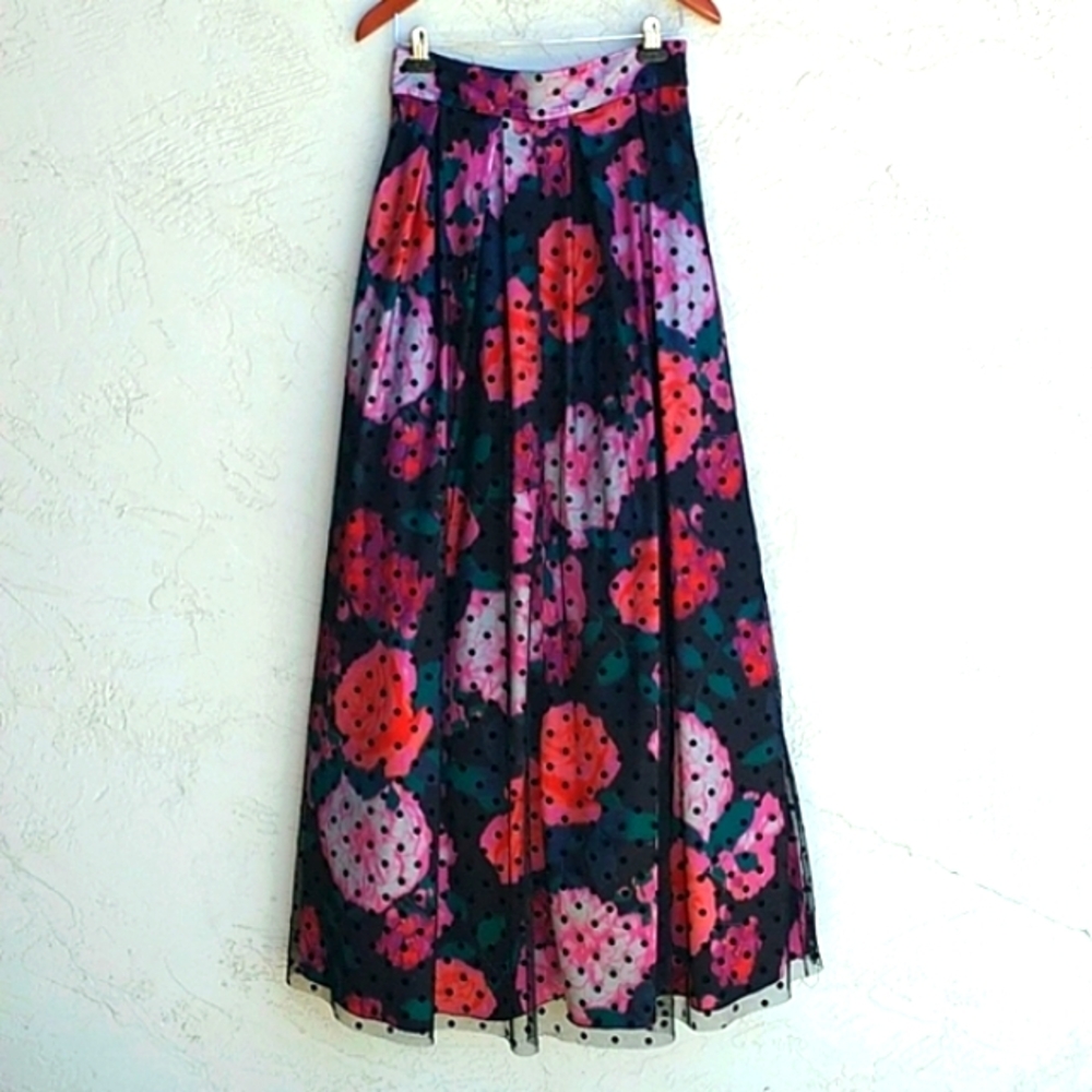 ELIZA J. Mesh Polka Dot Overlay Roses Ball Skirt  Floor Length Size 6